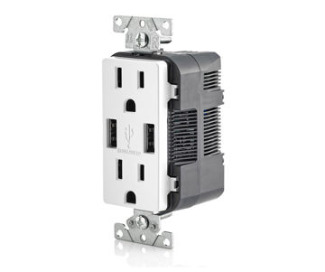 Afbeeldingen van LEVITON stopcontact en USB lader