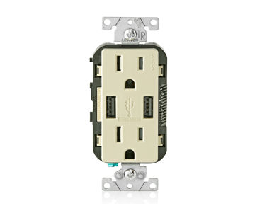 Afbeeldingen van LEVITON stopcontact en USB lader