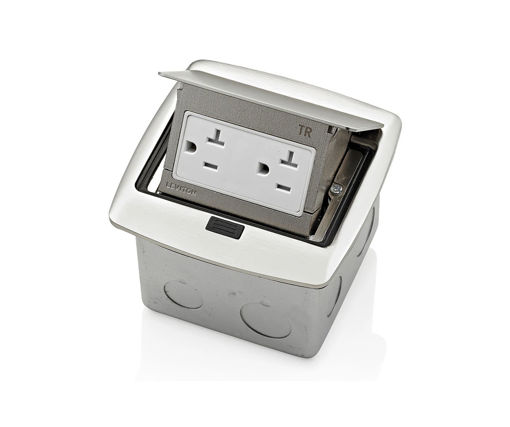 Picture of LEVITON Pop-Up Floor Box with 20 Amp. Tr. Outlet Brushed Nickel